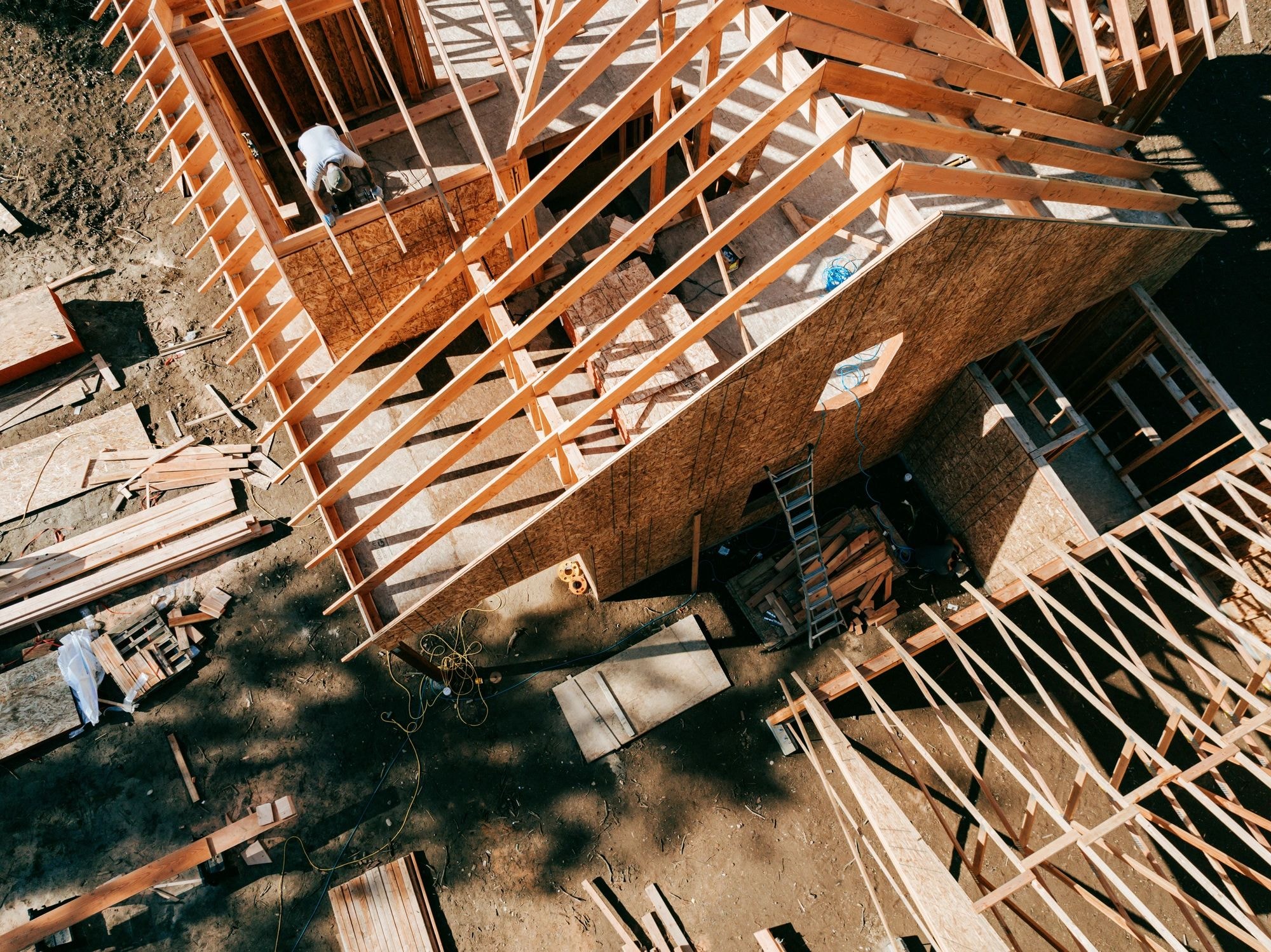 Aerial view of construction site framing